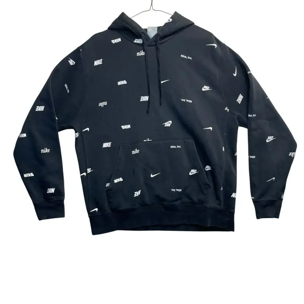 Nike Sportswear All Over Logo Hoodie Black White Men’s Large Pullover Swoosh